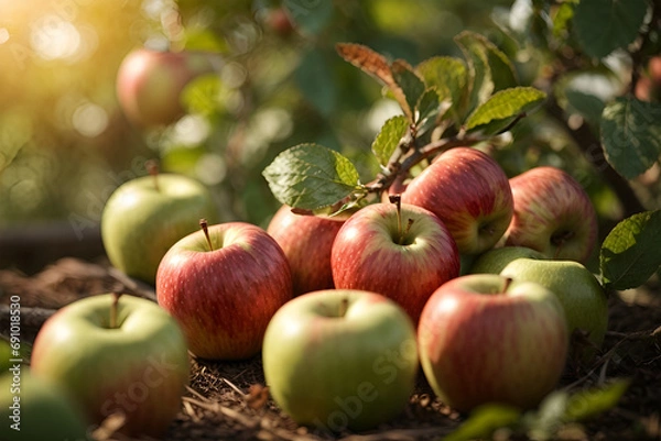 Fototapeta fresh apples. harvest of fresh organic apples. apple orchard with beautiful sunlight.
