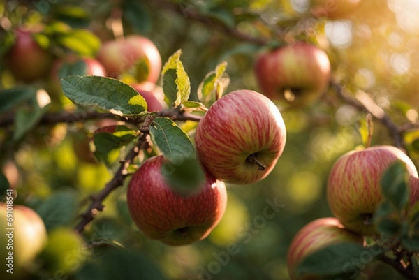 Fototapeta fresh apples. harvest of fresh organic apples. apple orchard with beautiful sunlight.