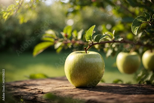 Fototapeta  fresh apples. harvest of fresh green apples. apple orchard with beautiful sunlight.