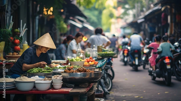 Fototapeta Bustling street food scene in Ho Chi Minh City Vietnam with vendors and local delicacies.