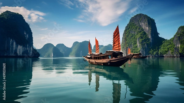 Fototapeta Traditional Vietnamese boats in the serene waters of Ha Long Bay with limestone cliffs.