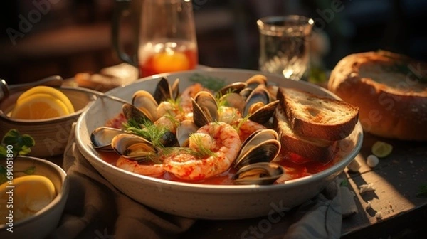 Fototapeta Closeup of Bouillabaisse Seafood Soup. Generative Ai.