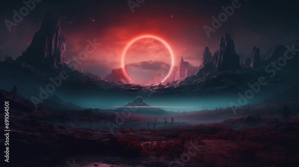 Fototapeta A glowing circle in the middle of nowhere in the minimalist style of retro visuals, vibrant fantasy landscapes, cyberpunk. Night landscape