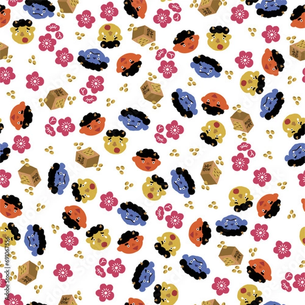 Obraz 節分のシームレスなパターン、テキスタイル、壁紙、包装紙、行事、イベント、魔除け、和雑貨、デコレーション、節句、