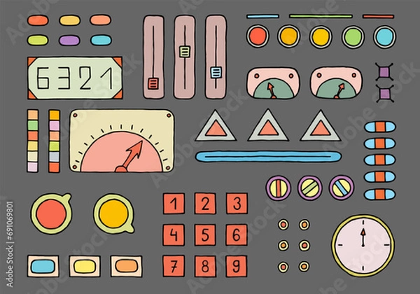 Fototapeta Panel with various buttons, levers, displays, monometers, sliders, indicators. Hand Drawn. Freehand drawing. Doodle. Sketch. Outline. 