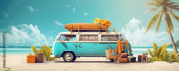 Fototapeta van with surfboard on vacation on summer beach