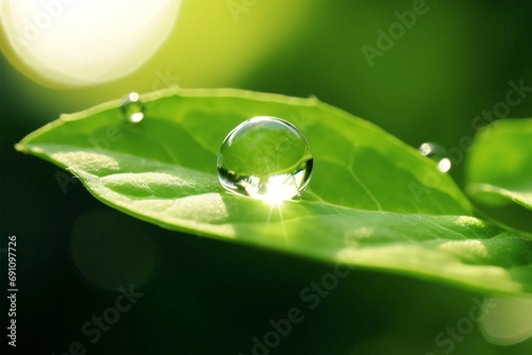 Fototapeta A gorgeous macro of a pristine drop of water on a verdant leaf, glinting in sunlight.