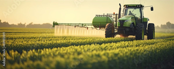 Fototapeta The tractor sprays the crops in the amzing field