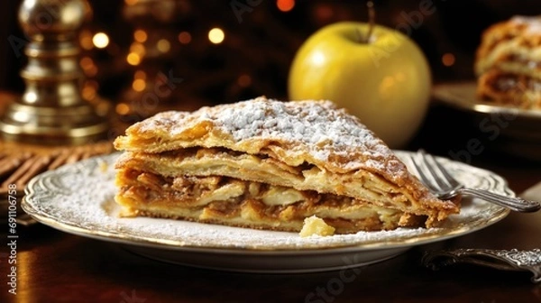 Obraz A slice of Apfelstrudel, a German pastry whose golden dough delicately envelops a fragrant filling of apples and cinnamon raisins, rests on a vintage porcelain plate.