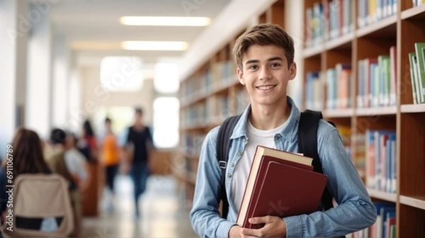 Obraz Smiling cute boy, positive male teenage high school student holding backpack and books, looking at camera standing in modern university or college campus library.