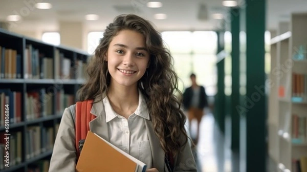 Obraz Smiling cute pretty girl, positive female teenage high school student holding backpack and books, looking at camera standing in modern university or college campus library.