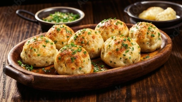Obraz Semmelknödel, German bread dumplings, are carefully presented on a rustic tray. Each dumpling boasts a golden crust surrounding a soft, chewy interior.