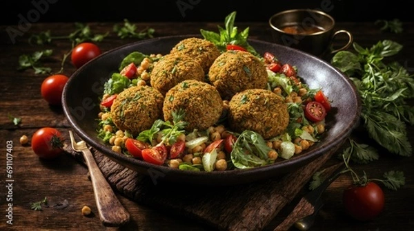 Obraz Arranged on a rustic platter are golden brown falafels, each perfectly crispy on the outside and tender within. slices of fresh tomatoes, a flavorful and satisfying Middle Eastern culinary experience.