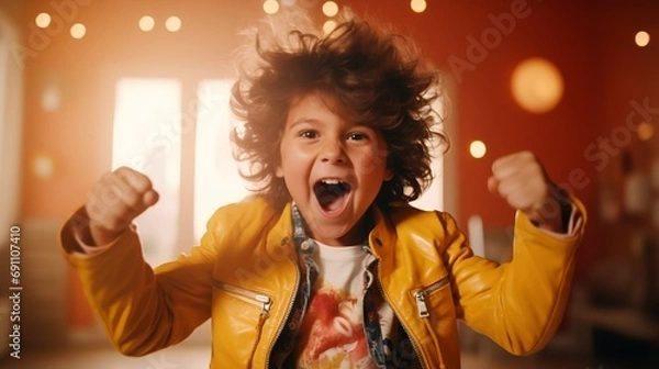 Obraz Happy little boy raises his arms in victory, at home