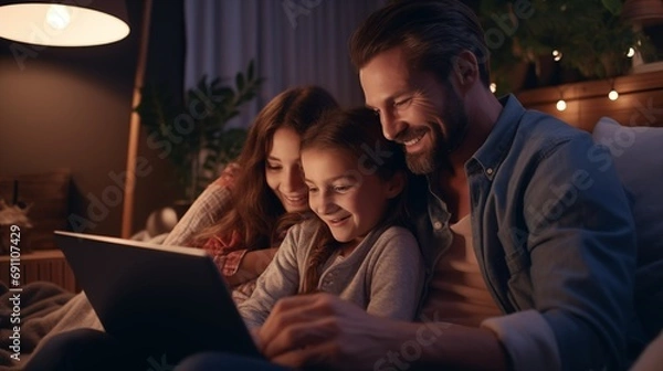 Obraz Photo of happy family watching together video online in a laptop while sitting comfortably at home