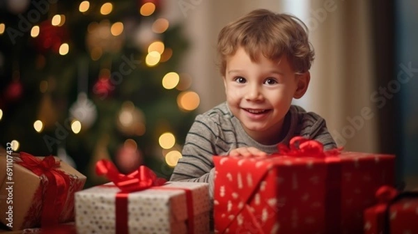 Obraz Happy kid playing at home in christmas and new year holiday comeliness