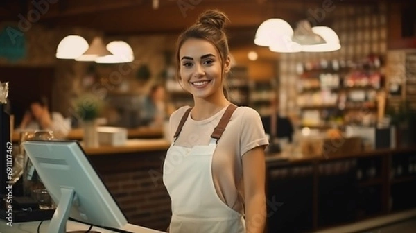 Obraz Beautiful young woman working at the counter of grocery shop. Pretty girl at the cash register. Employment options for young adults.