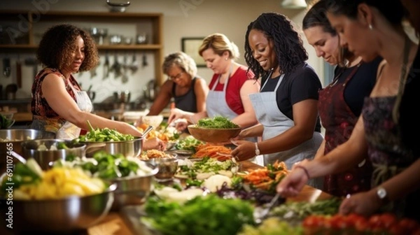 Obraz A diverse group of individuals donning aprons stands around a large central island. Guided by an expert chef.