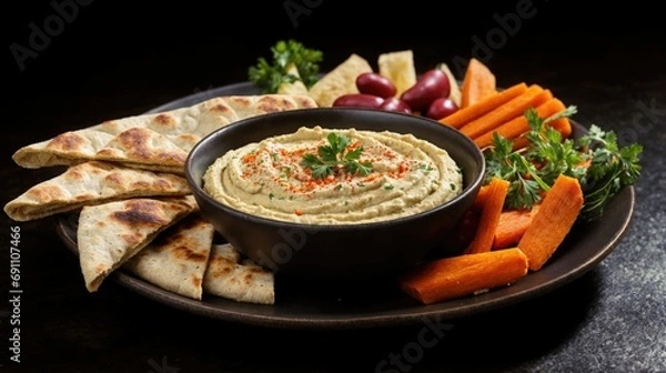 Obraz Traditional hummus, with a drizzle of olive oil and a sprinkle of paprika. Surrounding the creamy dip are colorful, freshly cut vegetables and warm pita bread, in this classic Middle Eastern delight.