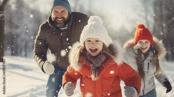 Obraz Family enjoying snowy vacation with playful snowball fight copy space image