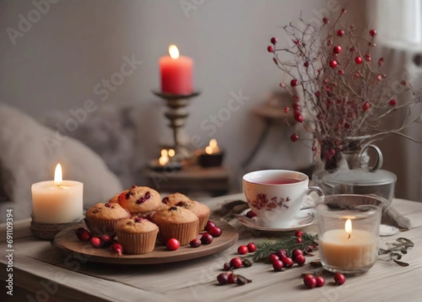 Fototapeta Cup of tea, muffins, cranberry branches in a vase, a notebook, a burning candle on a round wooden table in the living room