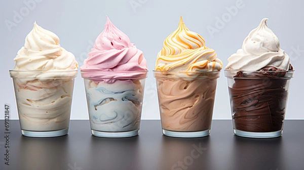 Fototapeta Variety of ice cream flavors in cups overhead on white copy space created with Generative Ai