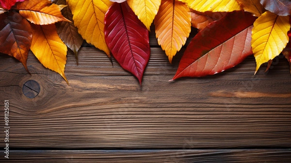 Fototapeta Fall leaves border on light wooden surface copy space created with Generative Ai