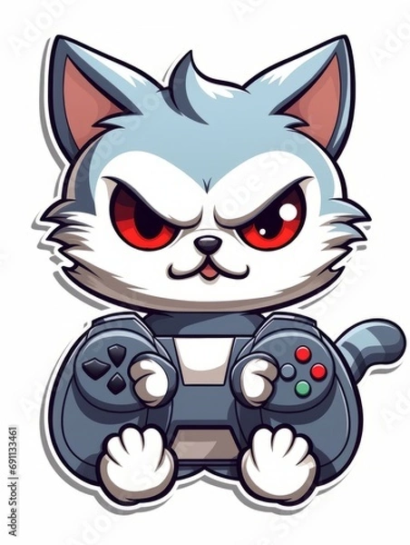 Fototapeta Cartoon sticker evil gamer kitten with game joystick, AI