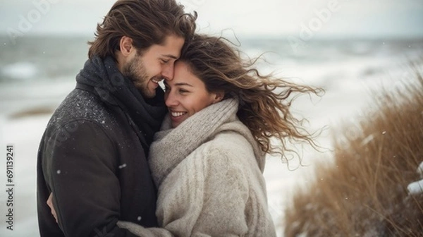Obraz Embraced by the winter's chill, a happy couple stands on the serene beach, holding each other close.