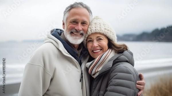 Obraz Embraced by the winter's chill, a happy senior couple stands on the serene beach, holding each other close.