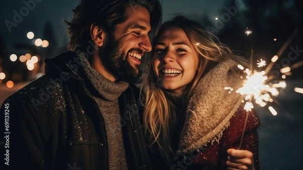 Obraz A couple smiling stands hand in hand, surrounded by the enchanting glow of sparklers illuminating the darkness.