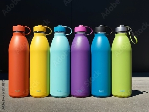 Fototapeta Sustainable Hydration Stylish Reusable Water Bottles for a Greener Lifestyle. AI Generated.