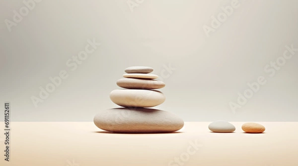 Fototapeta Meditation and spa background with pebble stones on beige background 