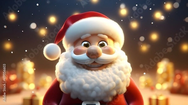 Fototapeta Winter holiday christmas background - Closeup of cute smiling Santa Claus with hat , on bokeh lights background.