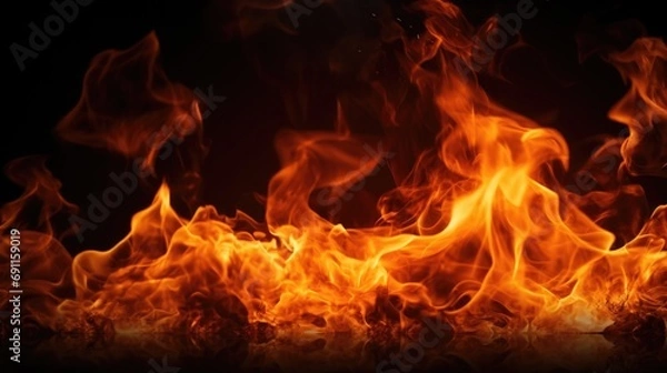 Fototapeta A close-up view of a fire burning on a black background. Suitable for various uses