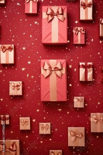 Fototapeta Group of festive wrapped gift boxes tied with ribbon and star isolated on red background. New Year, Christmas and holidays greeting card, frame, banner. Flat lay, top view with copy space