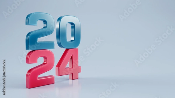 Fototapeta New year 2024 text - 3D render on clean background 