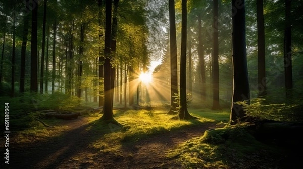 Fototapeta The forest is illuminated by the sun through its trees.