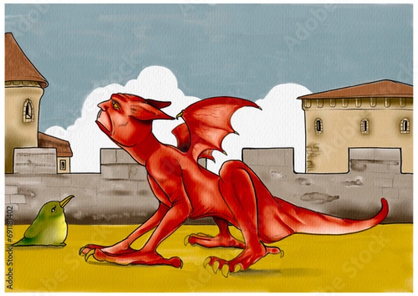 Fototapeta A watercolor drawing of a red gargoyle in the terrace of a middle age castle. Digital illustration