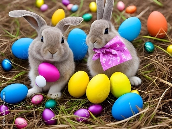 Obraz easter bunnies with easter eggs