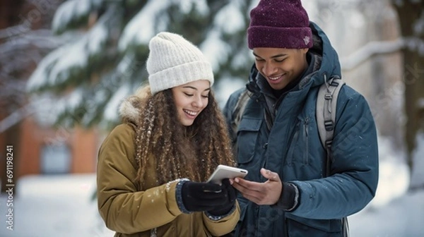 Obraz Outdoors, a multi-ethnic couple clad in winter attire stands, each engrossed in their smartphones. Their animated expressions reflect excitement, showcasing their engagement with technology. 