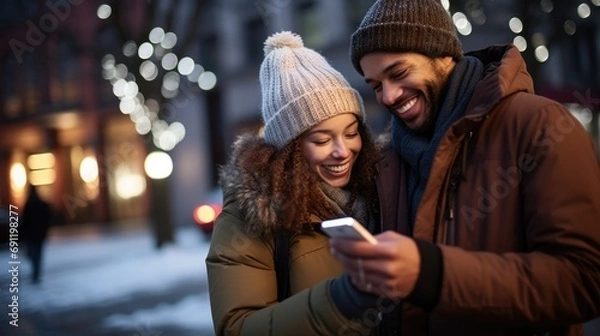 Obraz Outdoors, a multi-ethnic couple clad in winter attire stands, each engrossed in their smartphones. Their animated expressions reflect excitement, showcasing their engagement with technology. 