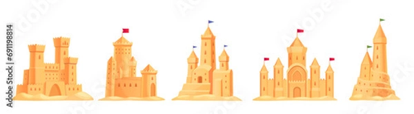 Fototapeta Cartoon sand castles. Isolated sandcastles, sands castle construction on sea beach for children play sandcastle sculpture kid summer toy magic palace ingenious vector illustration