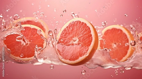 Fototapeta Pink grapefruits and sliced pink grapefruits with juicy splashes, on a pink background in a Fruit-themed, horizontal format of photorealistic illustration in JPG. Generative ai