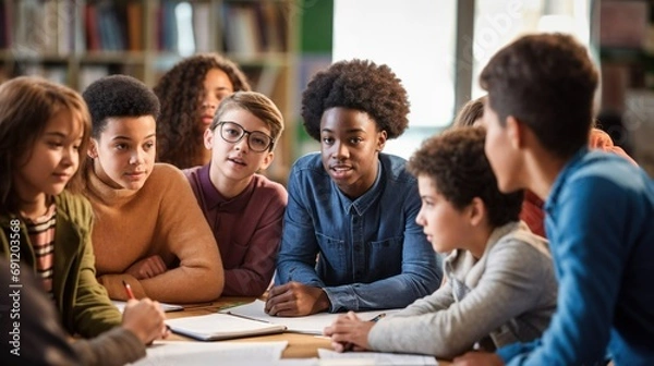 Obraz In a diverse classroom, photo of an very young black student attentively participates in a teacher's lesson. The scene captures a dynamic and inclusive educational environment.