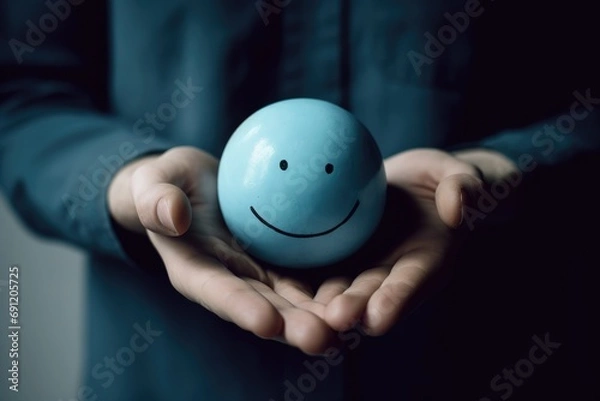 Fototapeta Smiling light blue azure happy circle face Smiley Laugher, friendly happy round smile satisfied client review experience, customer success, good service positive feedback, lucky smooch ball in hands