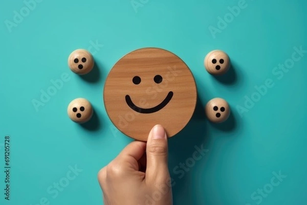 Fototapeta Smiling wood wooden happy circle face Smiley Laugher, friendly happy round smile satisfied client review experience, customer success, good service positive feedback, psychological therapy therapist