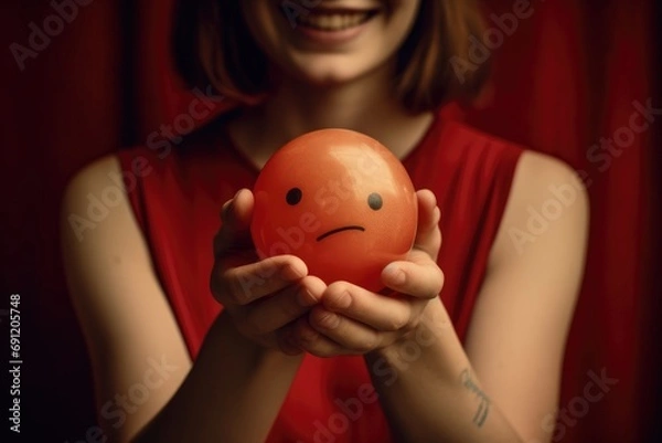 Fototapeta Sad red orange unhappy feelings pout circle face Smiley with Bad Mood, Unfriendly unlucky round frustrated client review experience, customer anger, bad service negative feedback, smooch ball in hands