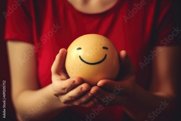 Fototapeta Smiling yellow gold happy circle face Smiley Laugher, friendly happy round smile satisfied client review experience, customer success, good service positive feedback, lucky smooch ball in hands