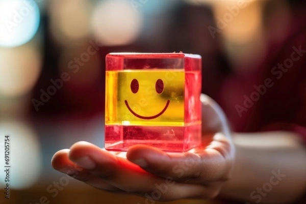 Fototapeta Smiling pink glass dice happy face Smiley Laugher, friendly happy square cube wood smile satisfied client review experience, customer success, client service good positive feedback, lucky affirmation